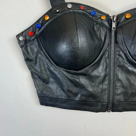 Forever 21 Exclusive Women's Faux Leather Studded Gemstone Bralette Black  Small - Picture 3 of 7